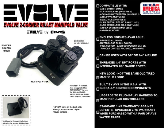 EVOLVE 2-CORNER BILLET MANIFOLD VALVE - VERSION 1 - COMBO BLACK POWDER COATED FINISH