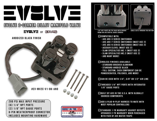 EVOLVE 2-CORNER BILLET MANIFOLD VALVE - VERSION 1 - COMBO BLACK ANODIZE FINISH